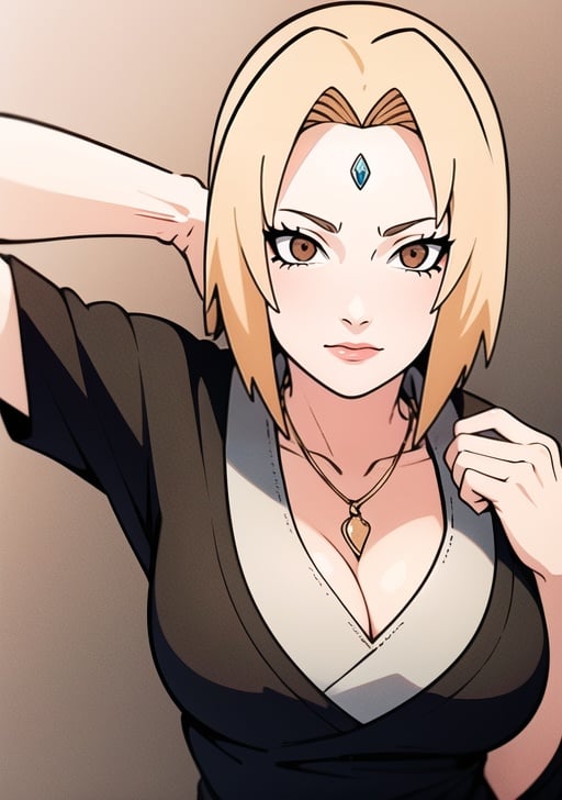 1girl, blonde hair, brown eyes, white shirt, black skirt, cleavage, gold necklace, intrincate details, detailed face, highres, masterpiece, best quality, naruto shippuuden art style, diamond mark
