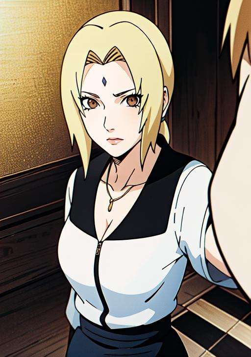 1girl, blonde hair, brown eyes, white shirt, black skirt, cleavage, gold necklace, intrincate details, detailed face, highres, masterpiece, best quality, naruto shippuuden art style, <lora:Copia de Tsunade_Senju-10:0.8>