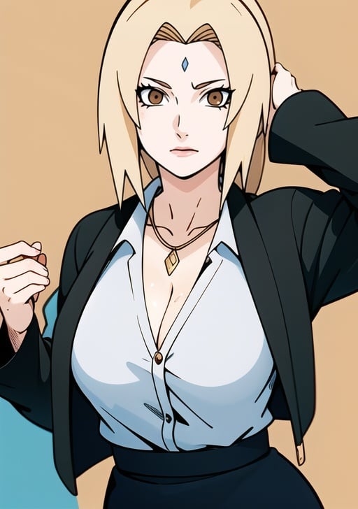 1girl, blonde hair, brown eyes, ((white shirt)), ((black skirt)), cleavage, gold necklace, intrincate details, detailed face, highres, masterpiece, best quality, naruto shippuuden art style, diamond mark
