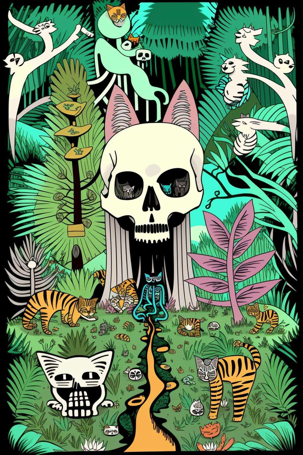 mindwarp , a cartoon of a skeleton surrounded by plants and animals in the woods with a cat on top of a skull, Asaf Hanuka, jungle, a storybook illustration, maximalism