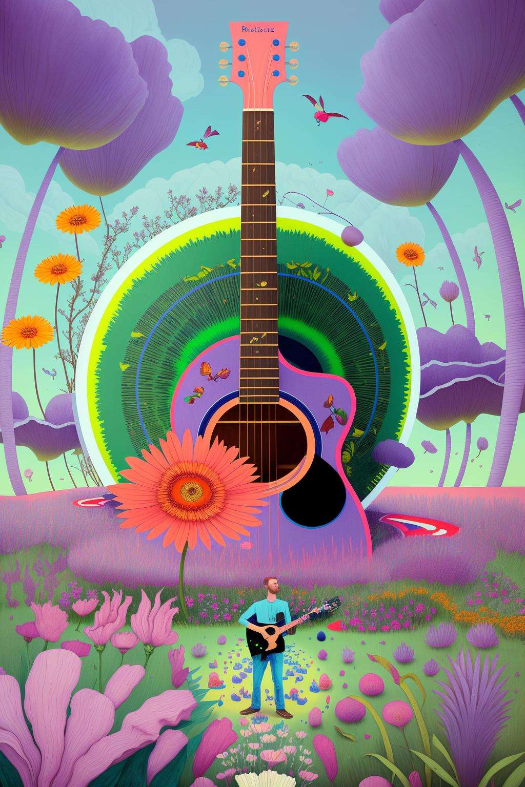 mindwarp , a painting of a guitar in a field of flowers and plants with a man playing the guitar in the background, Chris LaBrooy, detailed illustration, an album cover, psychedelic art