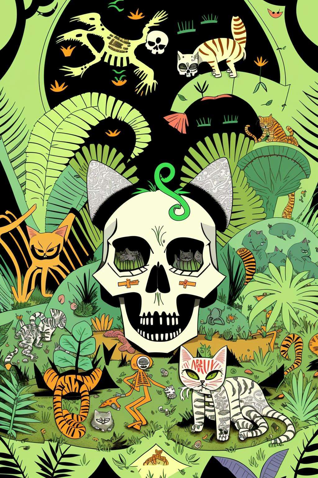 mindwarp , a cartoon of a skeleton surrounded by plants and animals in the woods with a cat on top of a skull, Asaf Hanuka, jungle, a storybook illustration, maximalism