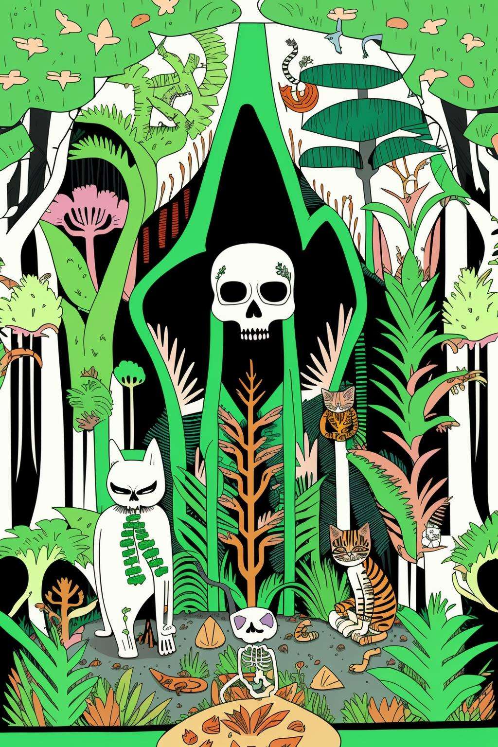 mindwarp , a cartoon of a skeleton surrounded by plants and animals in the woods with a cat on top of a skull, Asaf Hanuka, jungle, a storybook illustration, maximalism