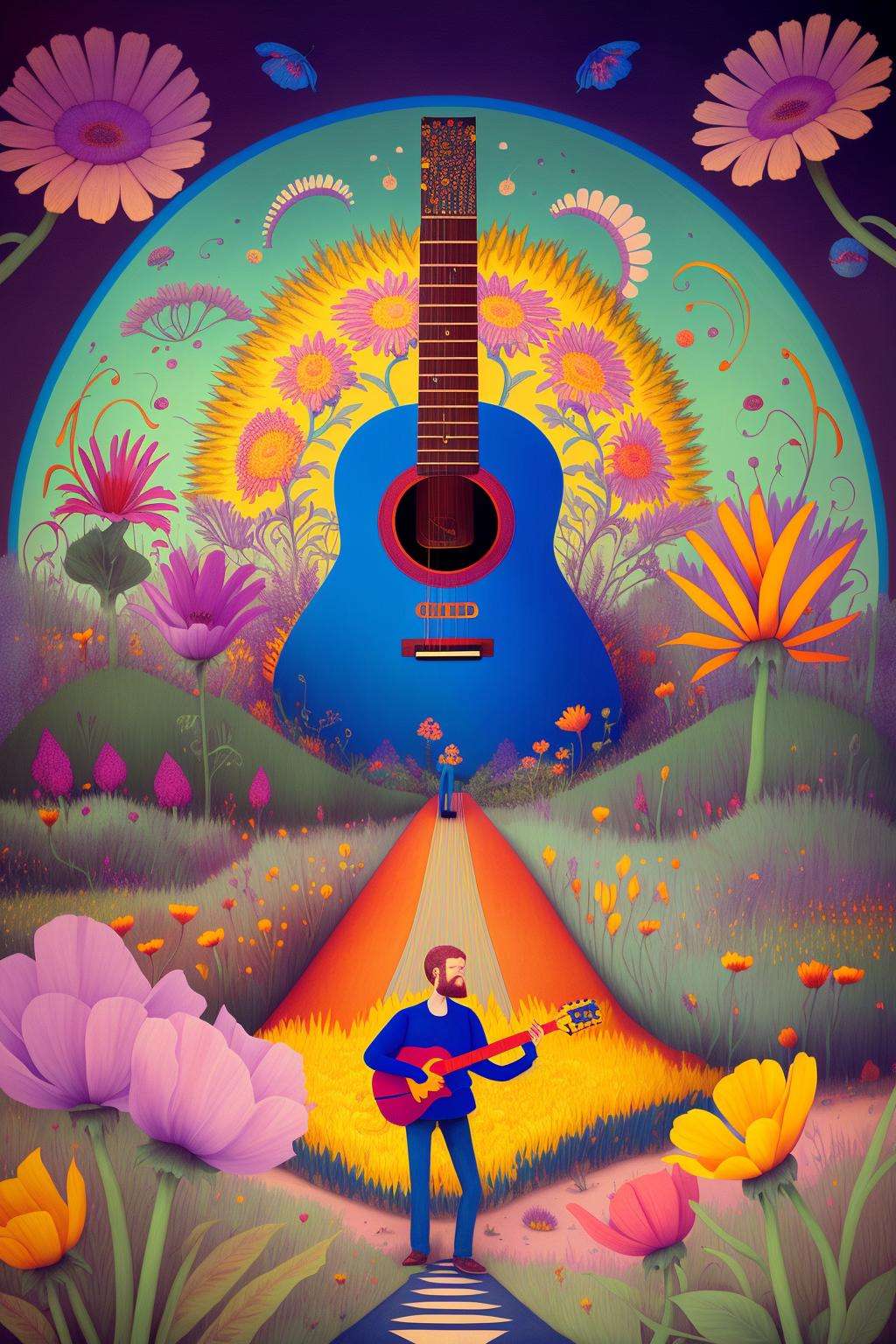 mindwarp , a painting of a guitar in a field of flowers and plants with a man playing the guitar in the background, Chris LaBrooy, detailed illustration, an album cover, psychedelic art