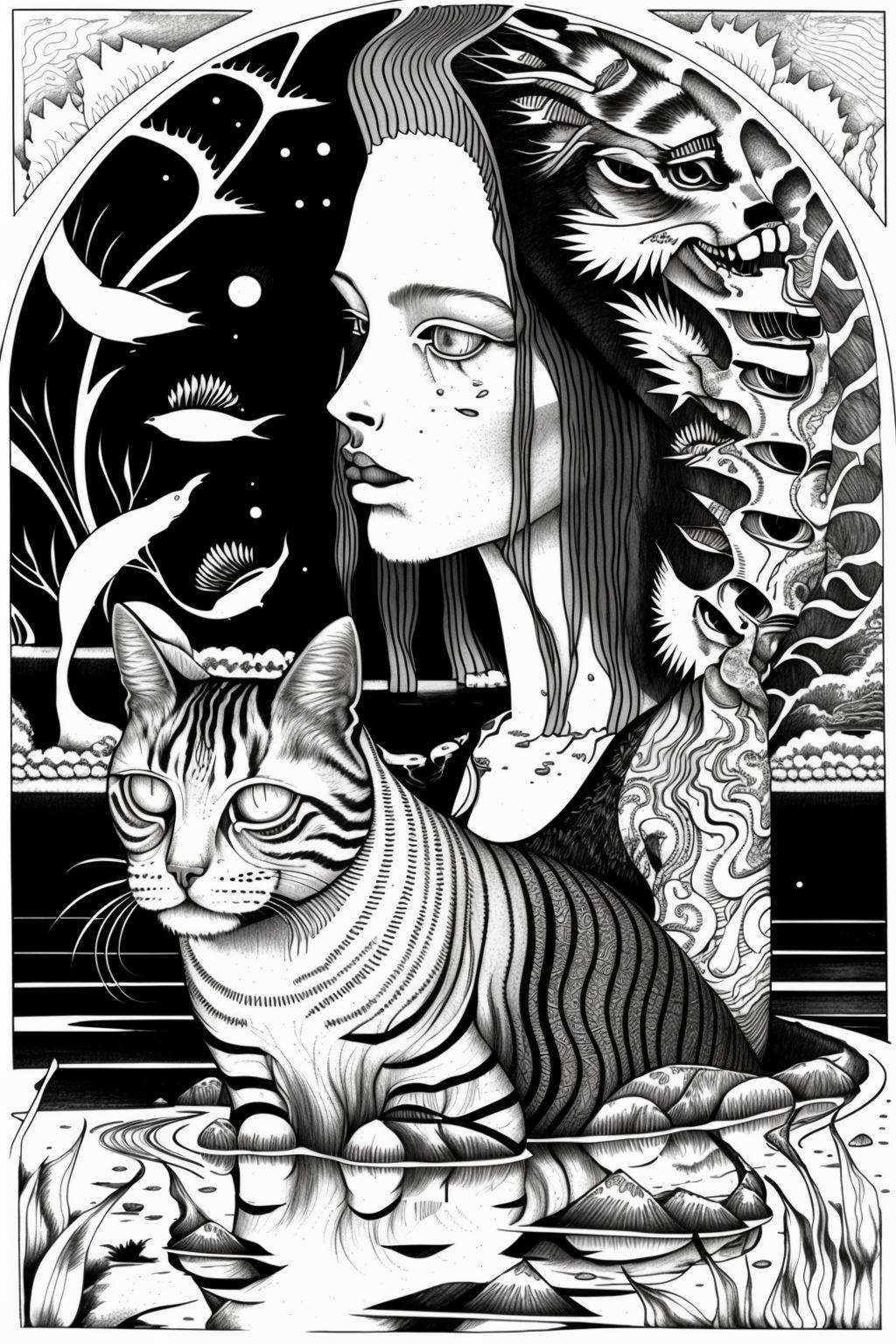 mindwarp , a drawing of a person laying on a body of water with a cat on his shoulder and a dog on his shoulder, Dan Hillier, intricate line drawings, a detailed drawing, psychedelic art