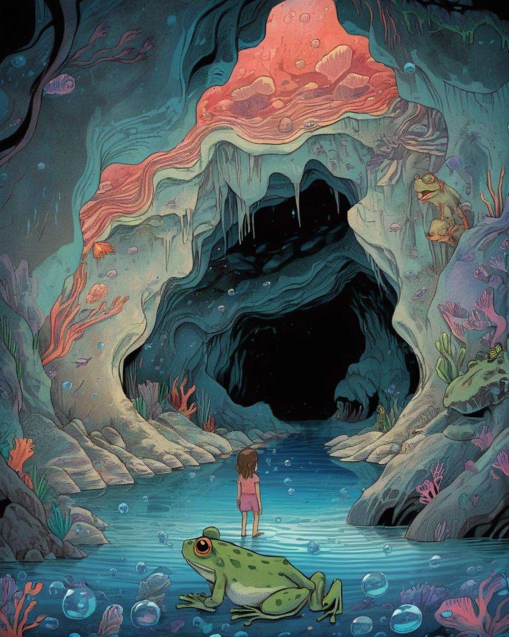 a child looking at a frog in a cave with a woman looking at it from the bottom of the cave, Diego Gisbert Llorens, josan gonzales and dan mumford, a storybook illustration, psychedelic art ,1girl, bubble, coral, fish, horizon, ocean, water, waves, wide_shot<lora:MindWarp:1.0>