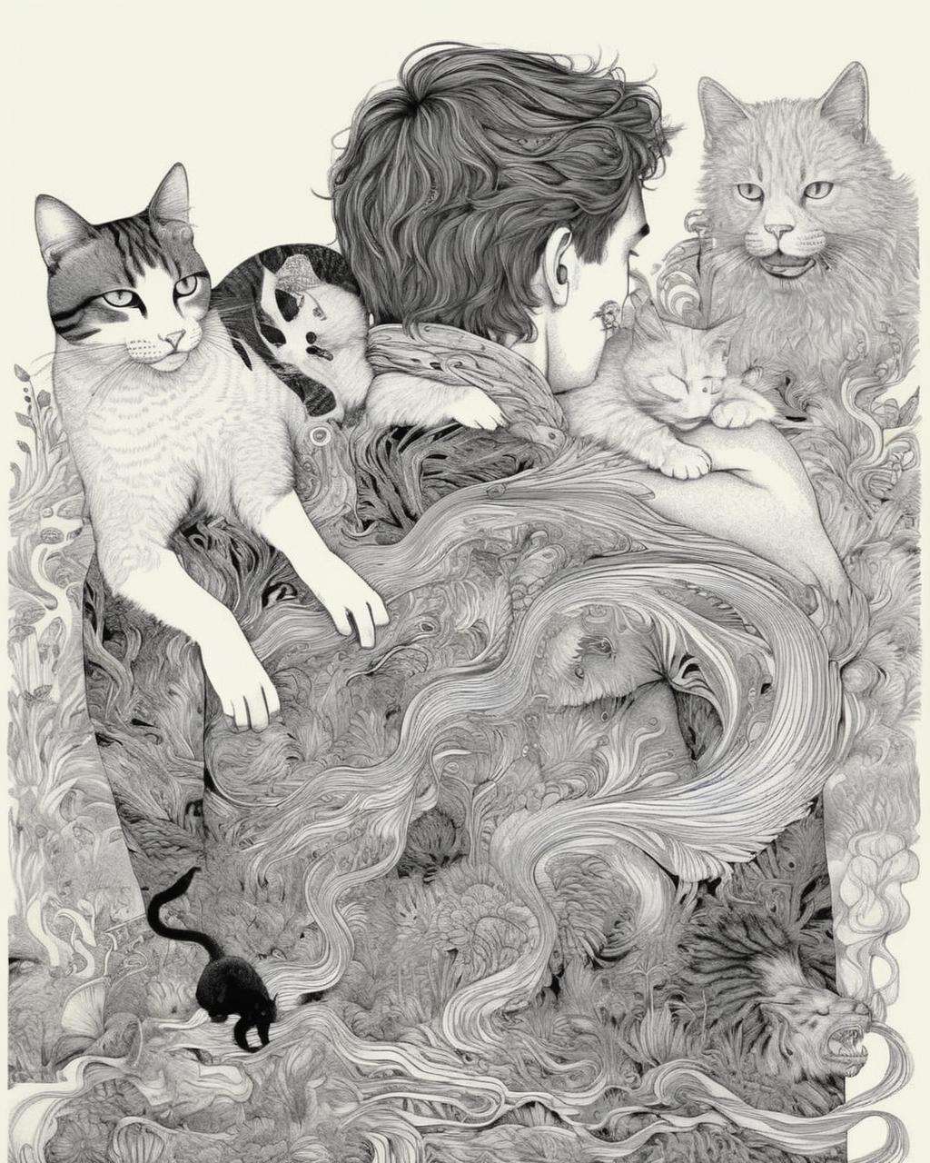 a drawing of a person laying on a body of water with a cat on his shoulder and a dog on his shoulder, Dan Hillier, intricate line drawings, a detailed drawing, psychedelic art, limited_palette, profile, solo, teeth<lora:MindWarp:1.0>