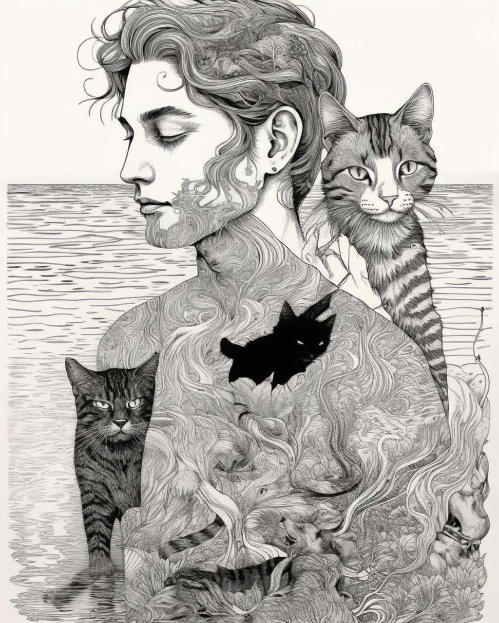 a drawing of a person laying on a body of water with a cat on his shoulder and a dog on his shoulder, Dan Hillier, intricate line drawings, a detailed drawing, psychedelic art, limited_palette, profile, solo, teeth<lora:MindWarp:1.0>