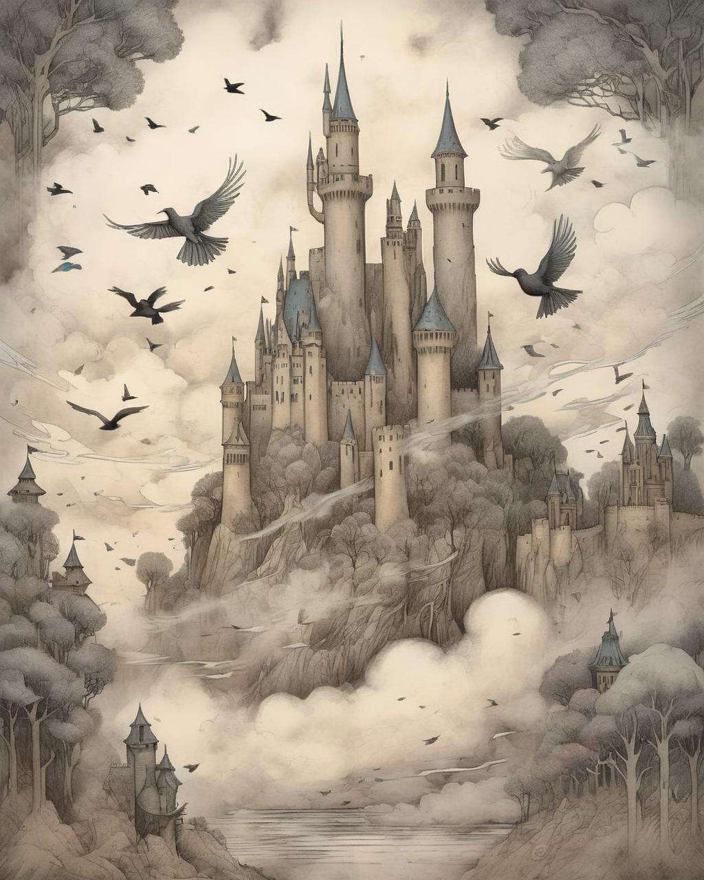 a drawing of a castle with birds flying around it and a castle in the background with a lot of trees, Daniel Merriam, aaron horkey, a storybook illustration, fantasy art , cloud, smoke<lora:MindWarp:1.0>