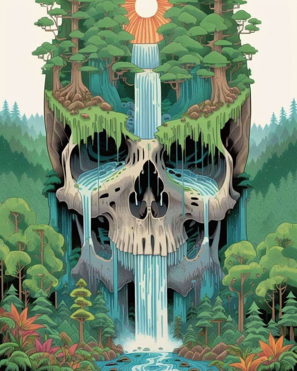 a skull with a waterfall in the middle of it and trees on top of it, and a forest in the background, Chris LaBrooy, detailed illustration, poster art, psychedelic art<lora:MindWarp:1.0>