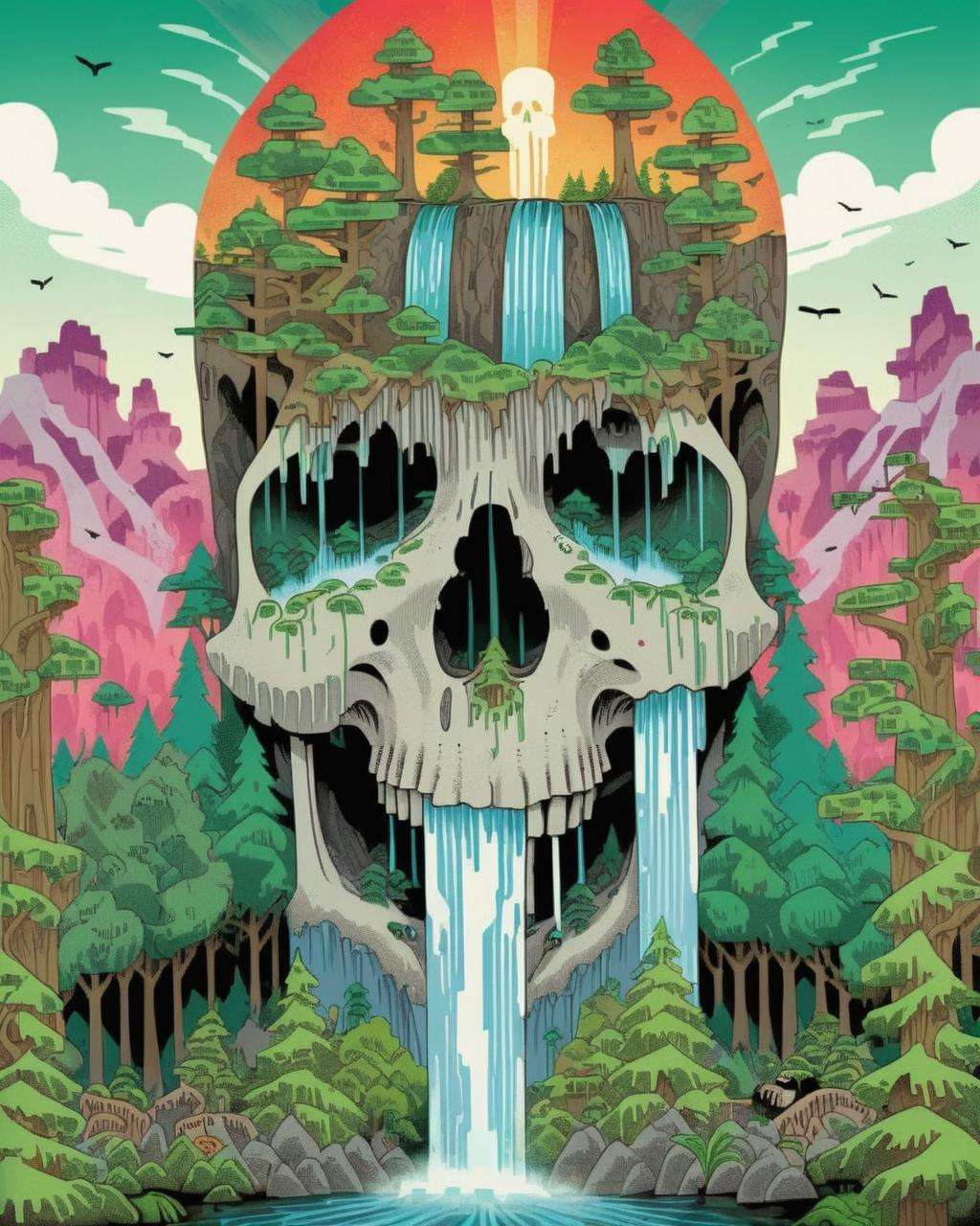 a skull with a waterfall in the middle of it and trees on top of it, and a forest in the background, Chris LaBrooy, detailed illustration, poster art, psychedelic art<lora:MindWarp:1.0>