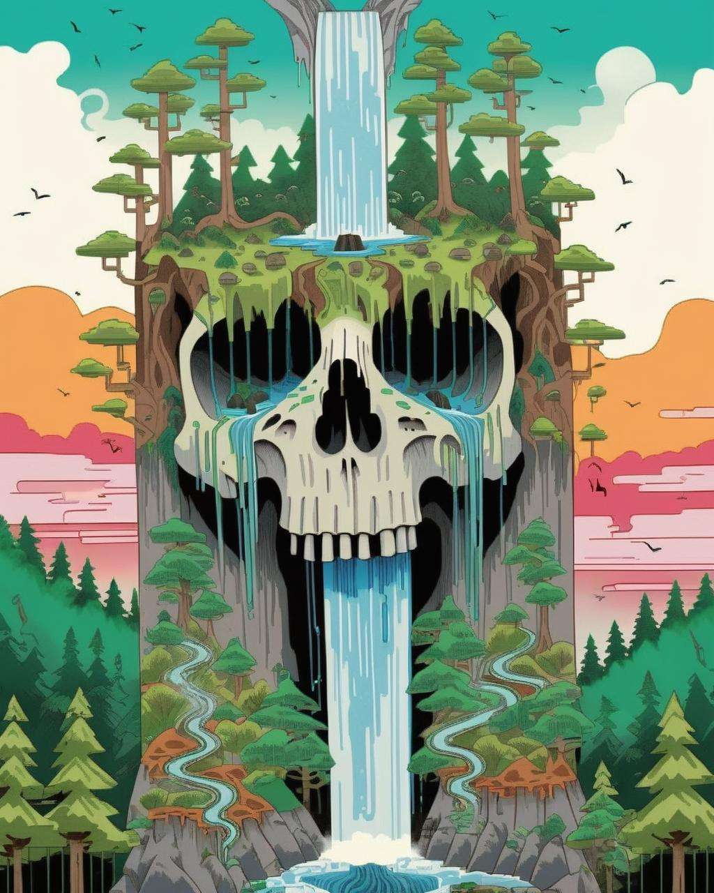 a skull with a waterfall in the middle of it and trees on top of it, and a forest in the background, Chris LaBrooy, detailed illustration, poster art, psychedelic art<lora:MindWarp:1.0>