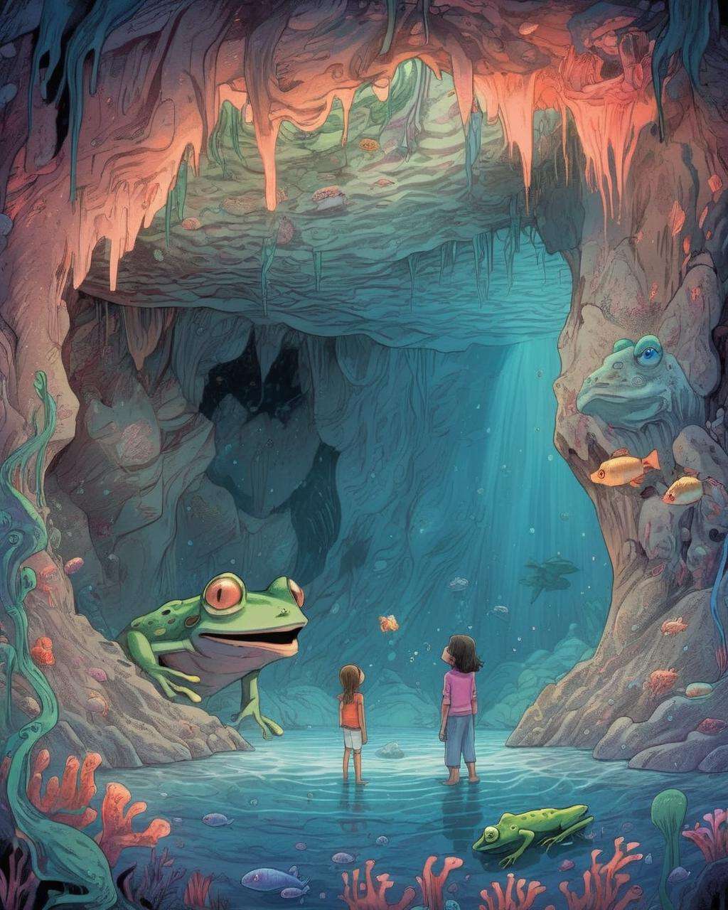 a child looking at a frog in a cave with a woman looking at it from the bottom of the cave, Diego Gisbert Llorens, josan gonzales and dan mumford, a storybook illustration, psychedelic art ,1girl, bubble, coral, fish, horizon, ocean, water, waves, wide_shot<lora:MindWarp:1.0>