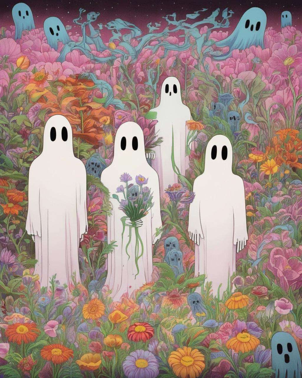 a painting of ghosts a field of flowers and plants, Chris LaBrooy, detailed illustration, an album cover, psychedelic art<lora:MindWarp:1.0>