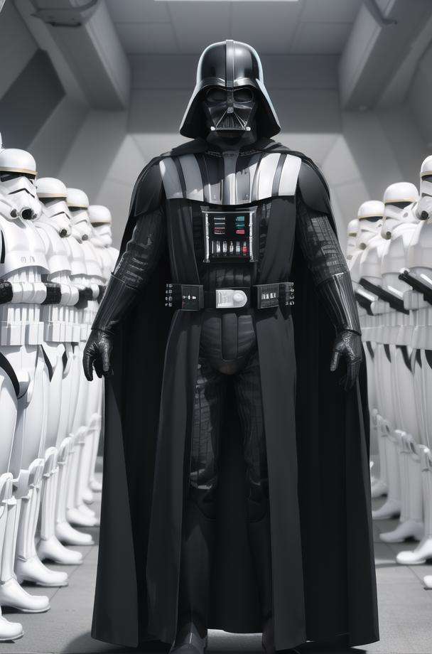 darth vader standing in front of a group of storm troopers in a Starship,Black_outfit,hood, hood_up, boots, darth vader helmet,cape,armor, shoulder armor, armored boots,  <lora:Agent47_hitman-KK77-V1:0.1>,<lora:Darth_Vader-KK77-V1:0.7>,darth vader,1 Man, looking at viewer,(closed mouth:1.0),NSFW,official art,extremely detailed CG unity 8k wallpaper, perfect lighting,Colorful, Bright_Front_face_Lighting,(masterpiece:1.0),(best_quality:1.0), ultra high res,4K,ultra-detailed,photography, 8K, HDR, highres, absurdres:1.2, Kodak portra 400, film grain, blurry background, bokeh:1.2, lens flare, (vibrant_color:1.2)  