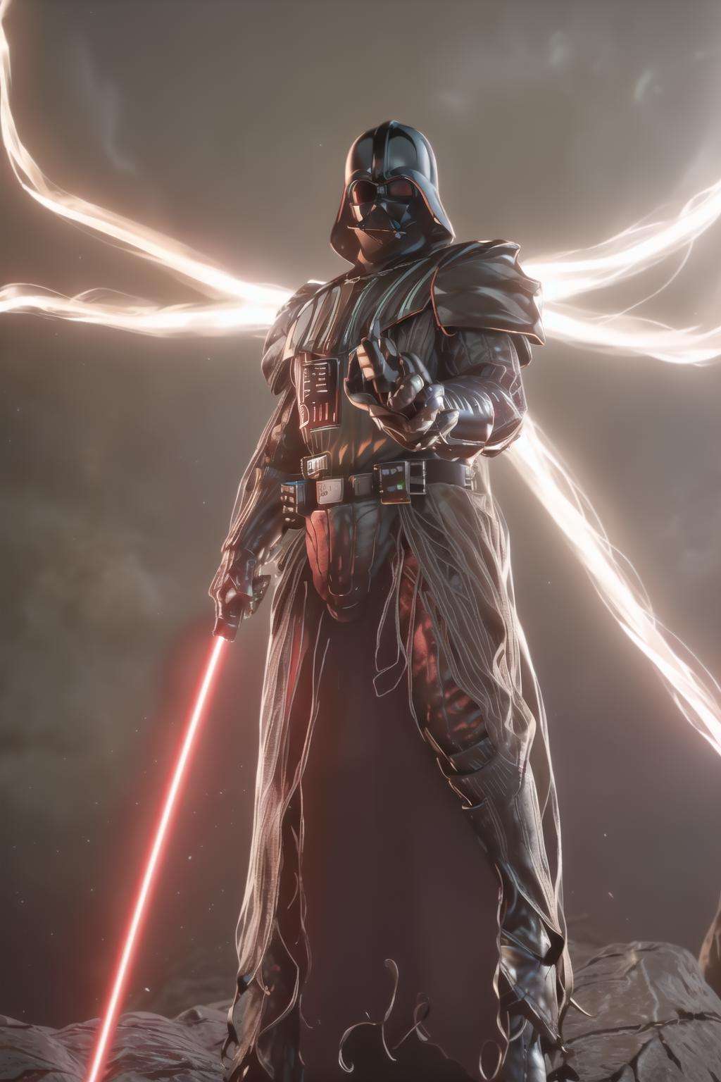 standing in front of a giant flames butterfly in a dark room with a light shining on him and a giant butterfly in the background,gradient_background,Black_outfit,hood, hood_up, boots, darth vader helmet,cape,armor, shoulder armor, armored boots, holding a lightsaber,energy_sword, glowing, glowing_weapon,<lora:Agent47_hitman-KK77-V1:0.1>,<lora:Darth_Vader-KK77-V1:0.7>,darth vader,<lora:Inarius_DIABLO4-KK77-V1:0.7>,1 Man, looking at viewer,(closed mouth:1.0),NSFW,official art,extremely detailed CG unity 8k wallpaper, perfect lighting,Colorful, Bright_Front_face_Lighting,(masterpiece:1.0),(best_quality:1.0), ultra high res,4K,ultra-detailed,photography, 8K, HDR, highres, absurdres:1.2, Kodak portra 400, film grain, blurry background, bokeh:1.2, lens flare, (vibrant_color:1.2)  