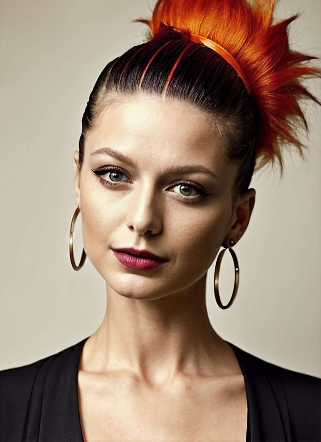 portrait of sks woman by Flora Borsi, style by Flora Borsi, bold, bright colours, orange Mohawk haircut, ((Flora Borsi)), <lora:locon_melissa_v1_from_v1_64_32:1.3>