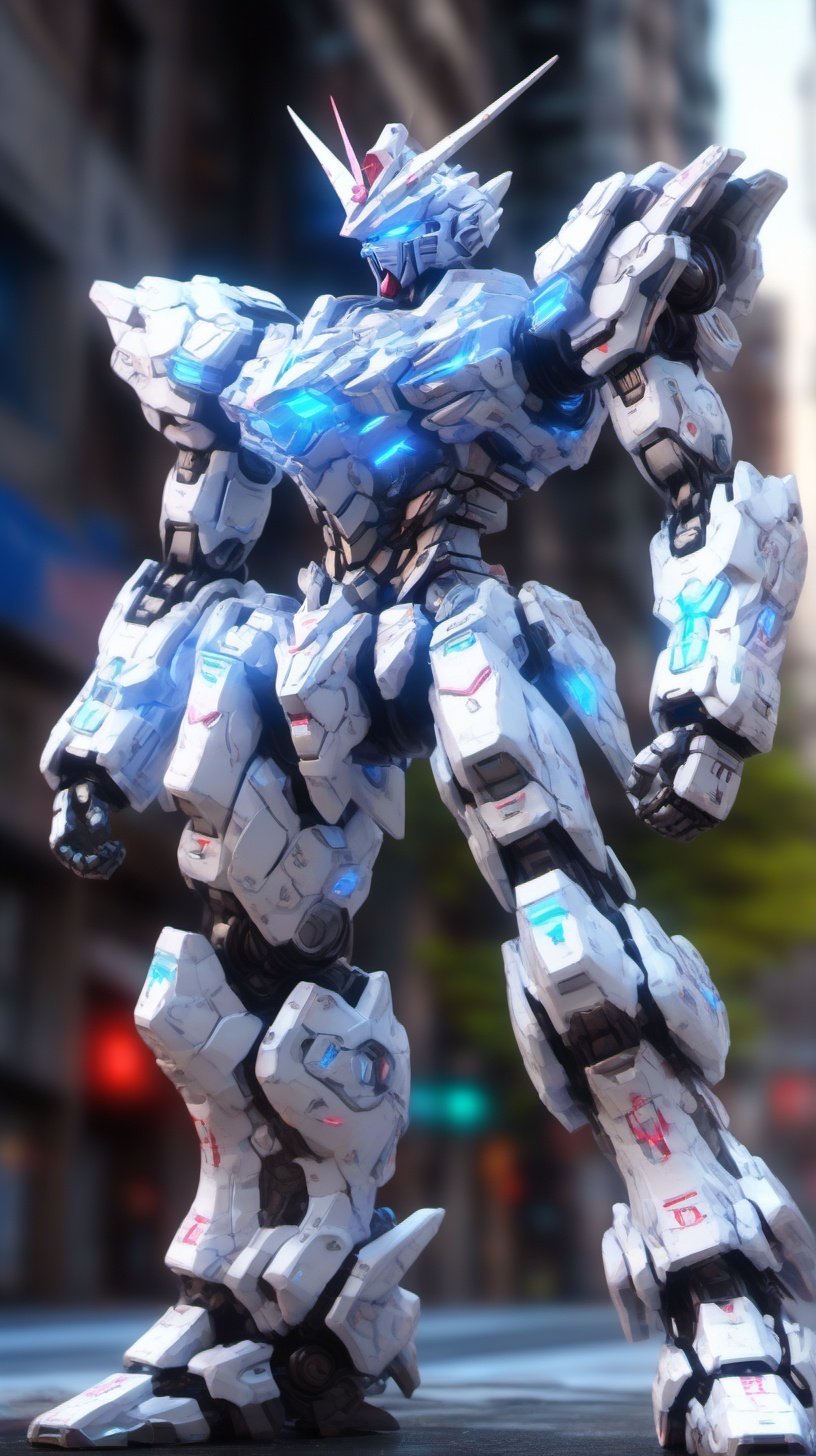 BJ_Gundam_SDXL,solo,blue_eyes,standing,blurry,no_humans,blurry_background,glowing,robot,mecha,glowing_eyes,clenched_hands,science_fiction,looking_ahead,3d model,8k,intricate,highly detailed,masterpiece,sidelighting,hdr,high definition,<lora:SDXL_Gundam_v3:0.7>,