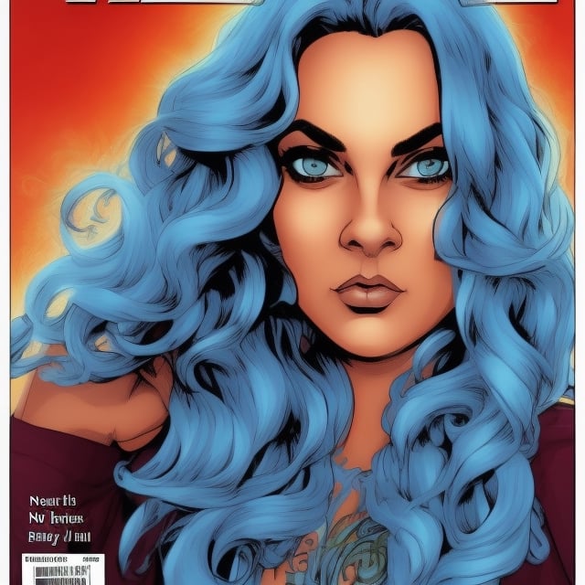 natalie_test with blue hair , heavy metal comic cover art, highly detailed character design,  inspired by Mary Jane Begin, villain, cosmopolitan, comicbook