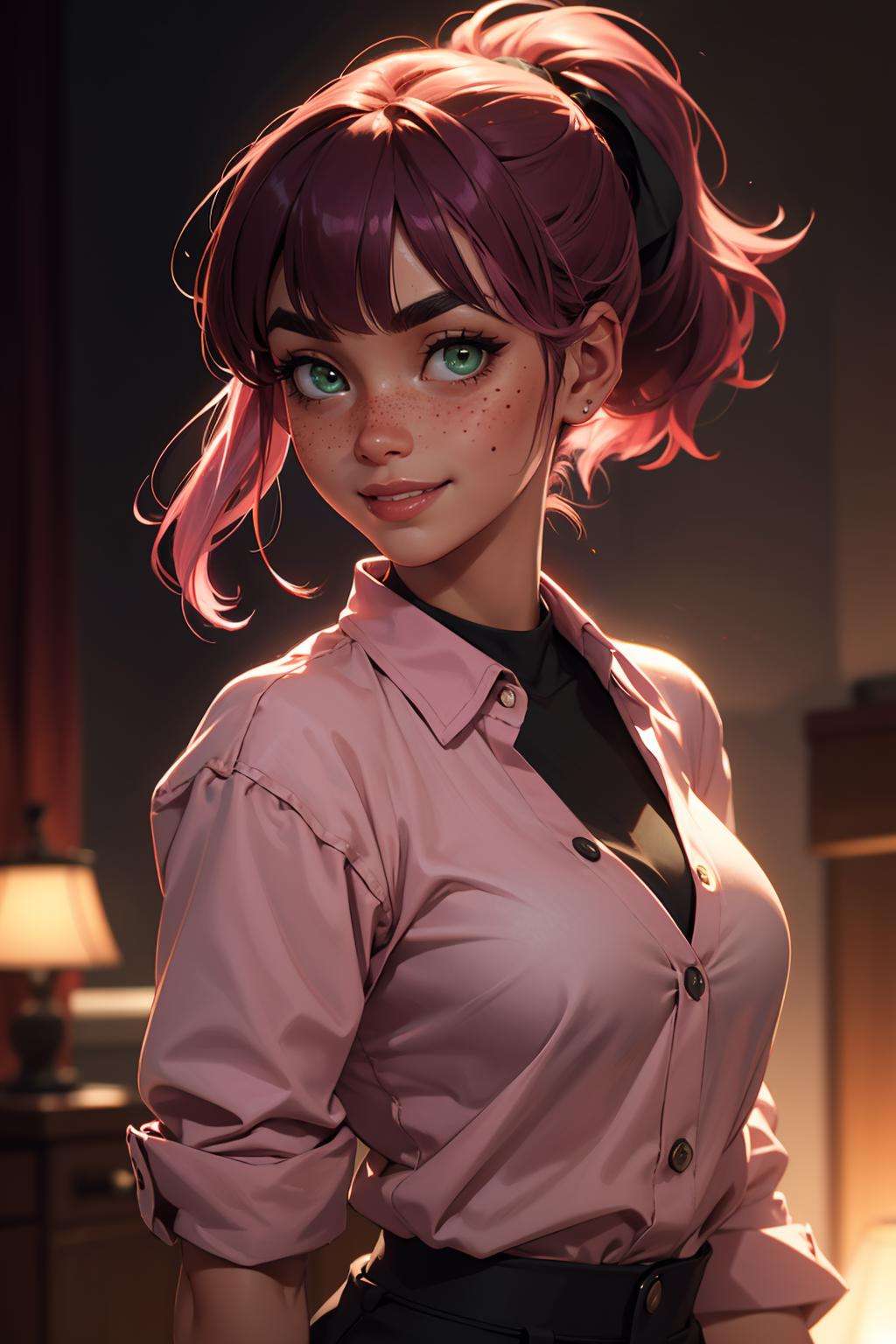 highres, masterpiece, perfect lighting, bloom, cinematic lighting, adult, female, looking at viewer, cowboy shot, side-swept bangs, black hair:pink hair, messy mid ponytail, green eyes, thick eyebrows, freckles, smile