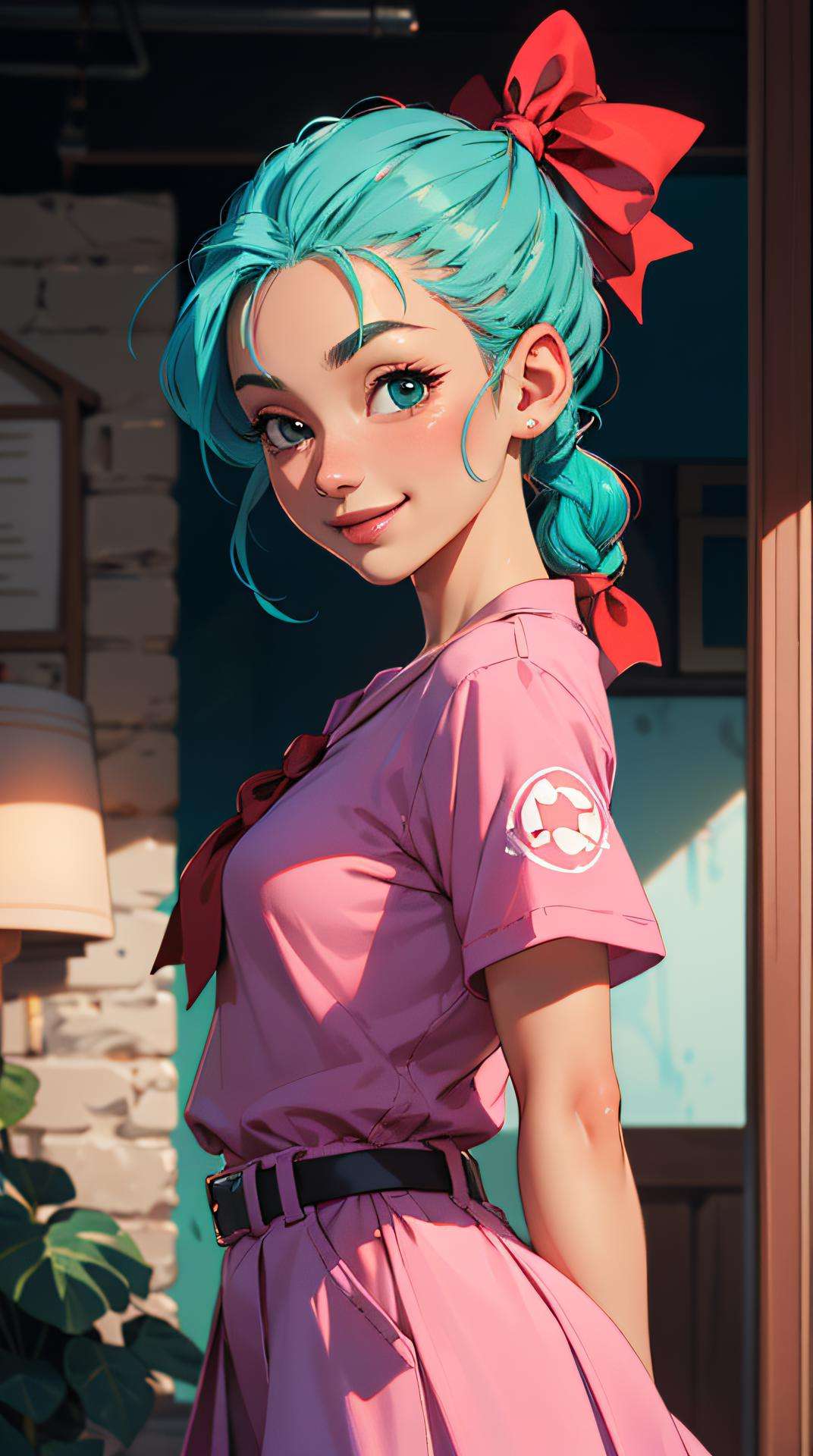 highres, masterpiece, perfect lighting, bloom, cinematic lighting, adult, female, looking at viewer, upper body,  <lora:db_bulma:1>, bulma, (aqua hair), smile, looking at viewer, arms behind back, braided ponytail, red hair bow, pink shirt, short sleeves, pink skirt, belt pouch, purple kerchief