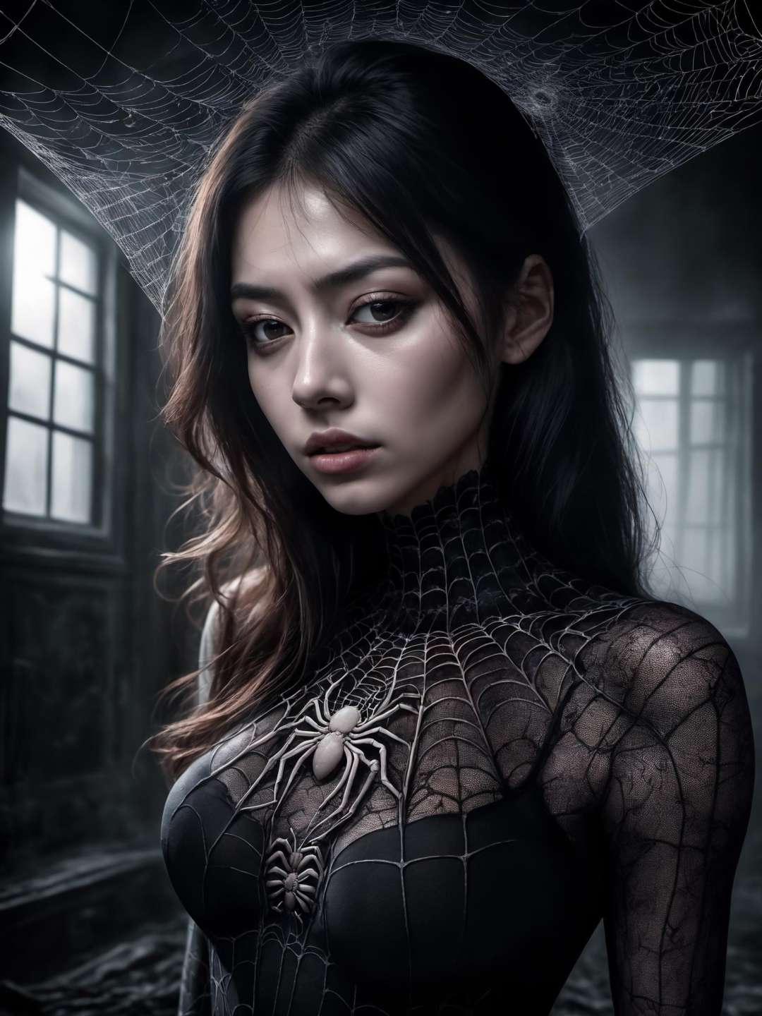 a realistic and detailed Spider web skin on woman in haunted house ,   realistic style,   infinite ultra high definition image quality and rendering, infinite image detail,  infinite realistic render,  infinite realistic lightning
