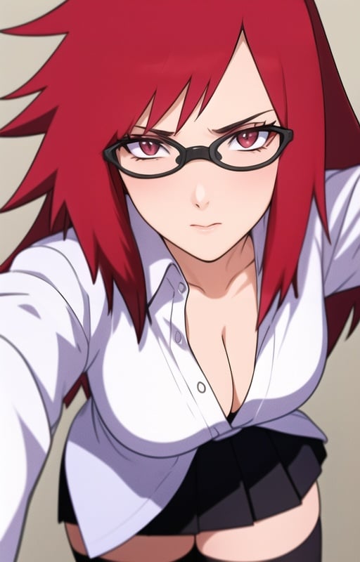 Karin_Uzumaki, 1girl, red hair, red eyes, glasses, white shirt, long sleeves, collared shirt, black skirt, cleavage, thighhighs, masterpiece, best quality, detailed face and eyes, absurdres, intrincate_details