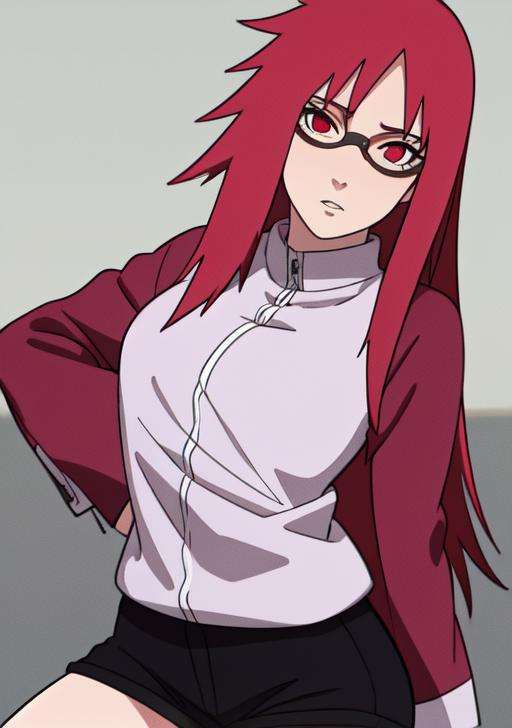 Karin_Uzumaki, 1girl, red hair, red eyes, glasses, shirt, long sleeves, short shorts, masterpiece, best quality, detailed face and eyes, absurdres, intrincate_details, <lora:Karin_Uzumaki-10:0.8>