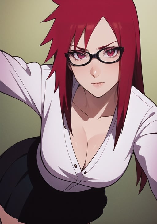 Karin_Uzumaki, 1girl, red hair, red eyes, glasses, white shirt, black skirt, cleavage, intrincate details, detailed face, highres, masterpiece, best quality, naruto shippuuden art style, 