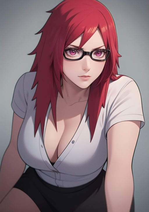 1girl, red hair, red eyes, glasses, white shirt, black skirt, cleavage, intrincate details, detailed face, highres, masterpiece, best quality, naruto shippuuden art style, 