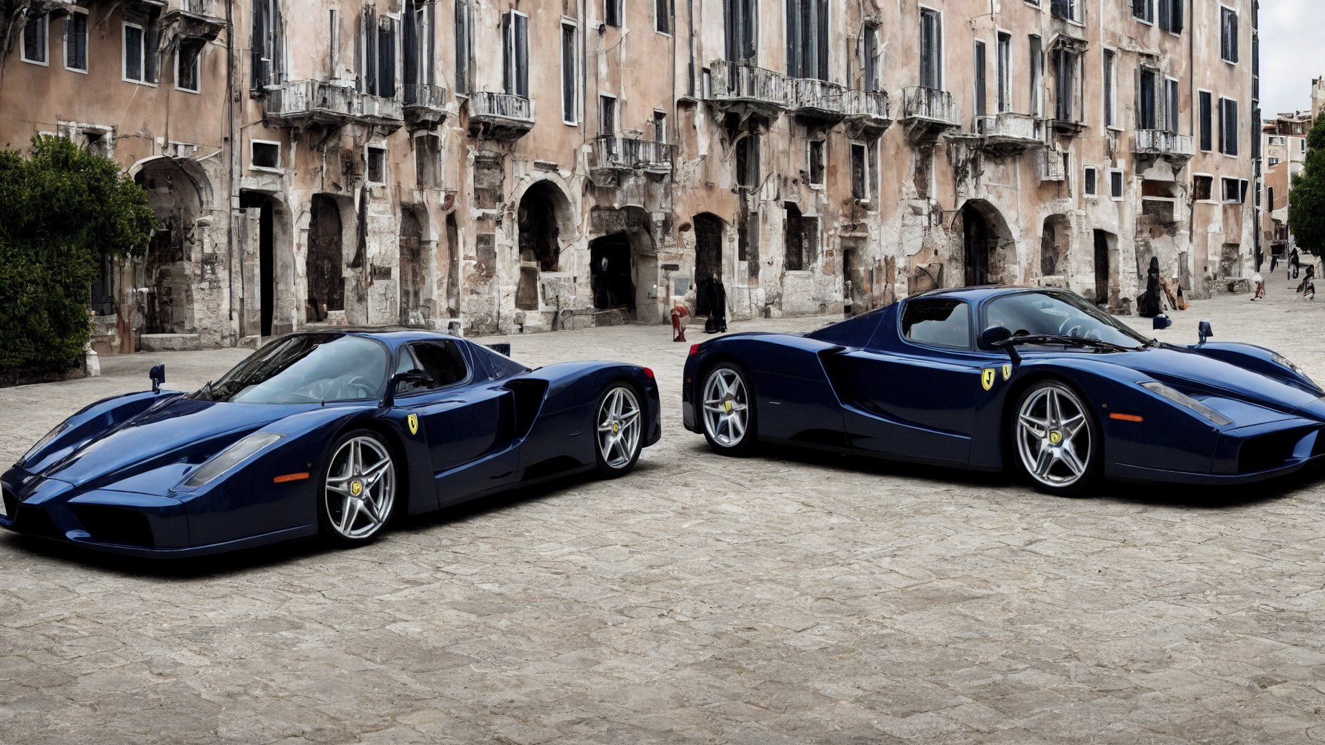 masterpiece, (high quality:1.7), Nikon, 85mm photography, a glossy dark blue enzo ferrari parked on a street in Venice, close up, side view, realistic, sharp focus, hd wallpaper