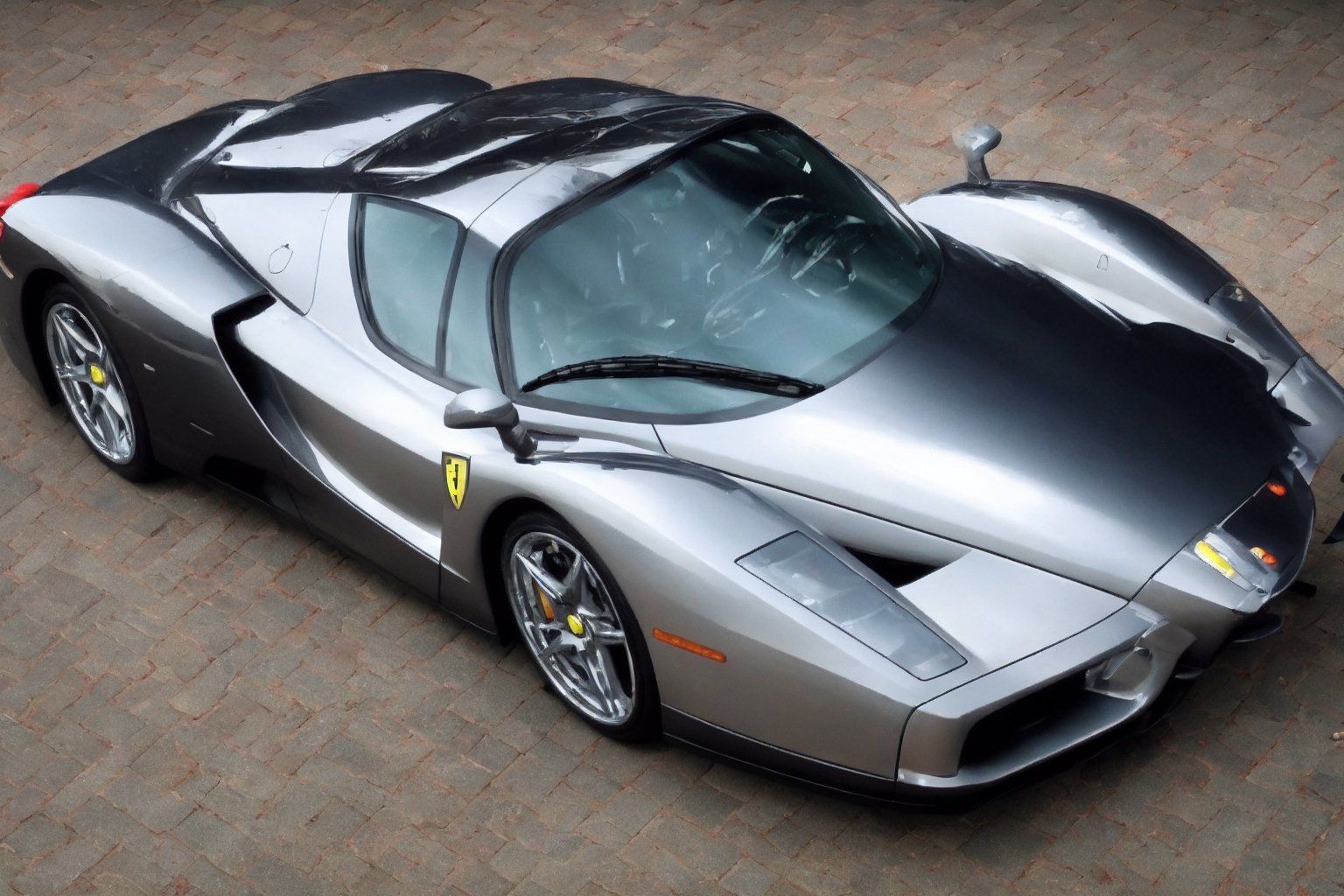 photo of a silver enzo ferrari, close up, high angle, realistic, (best quality), sharp focus