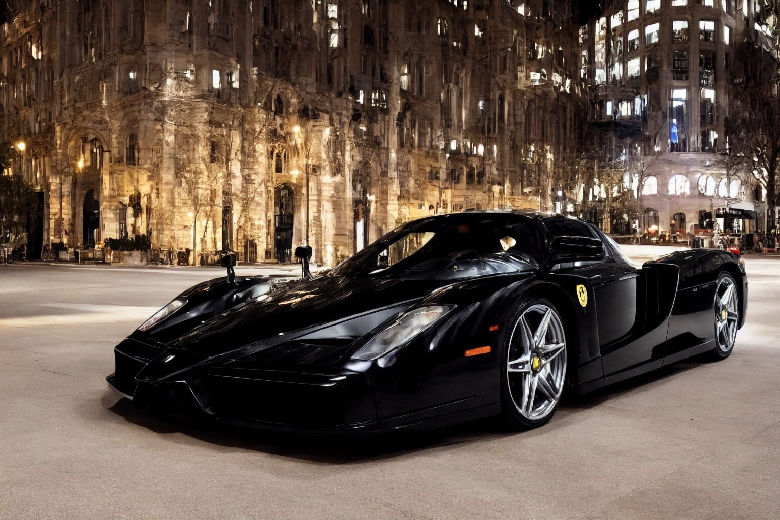 Nikon  85mm photography, sharp focus, photo of a glossy black enzo ferrari parked in a city at night, front view, realistic, reflective surface