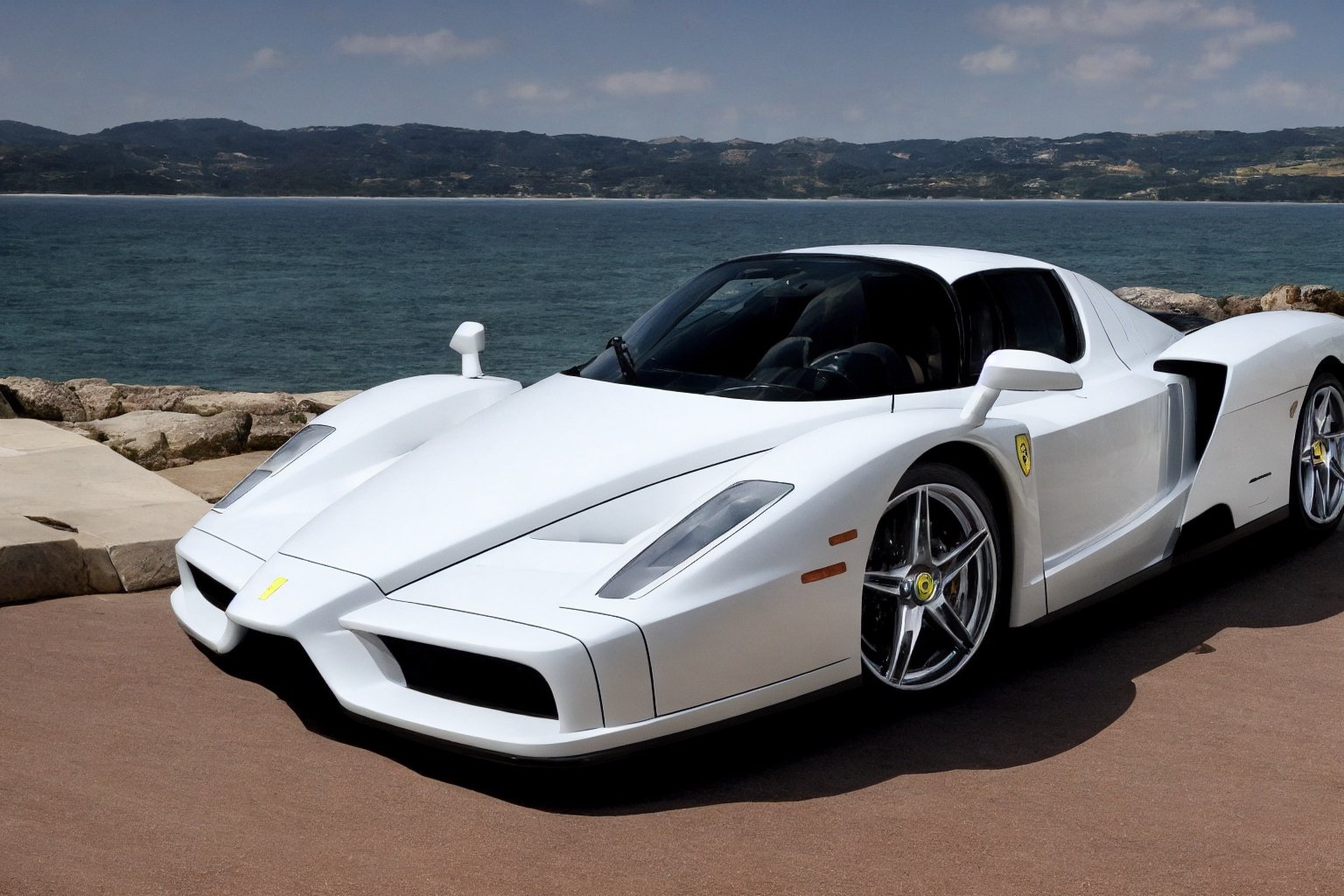 photo of a red enzo ferrari parked by the sea, front view, realistic, glossy, shiny surface, best quality