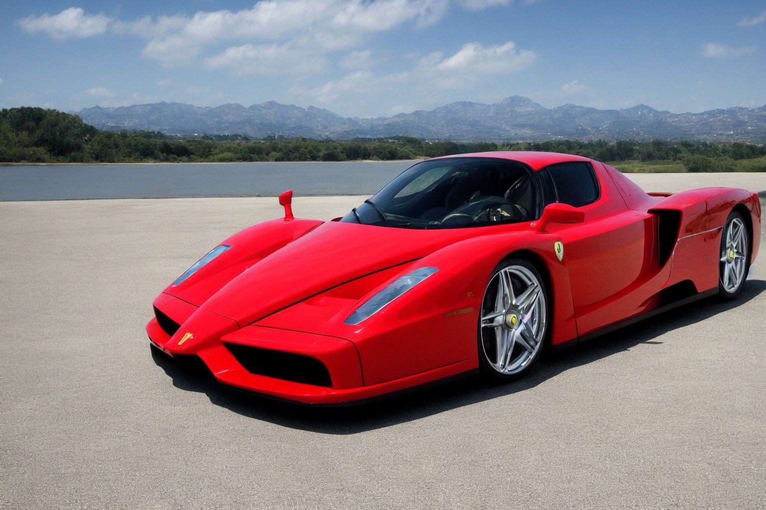 photo of a parked enzo ferrari, front view, low angle, realistic, glossy, shiny surface, best quality