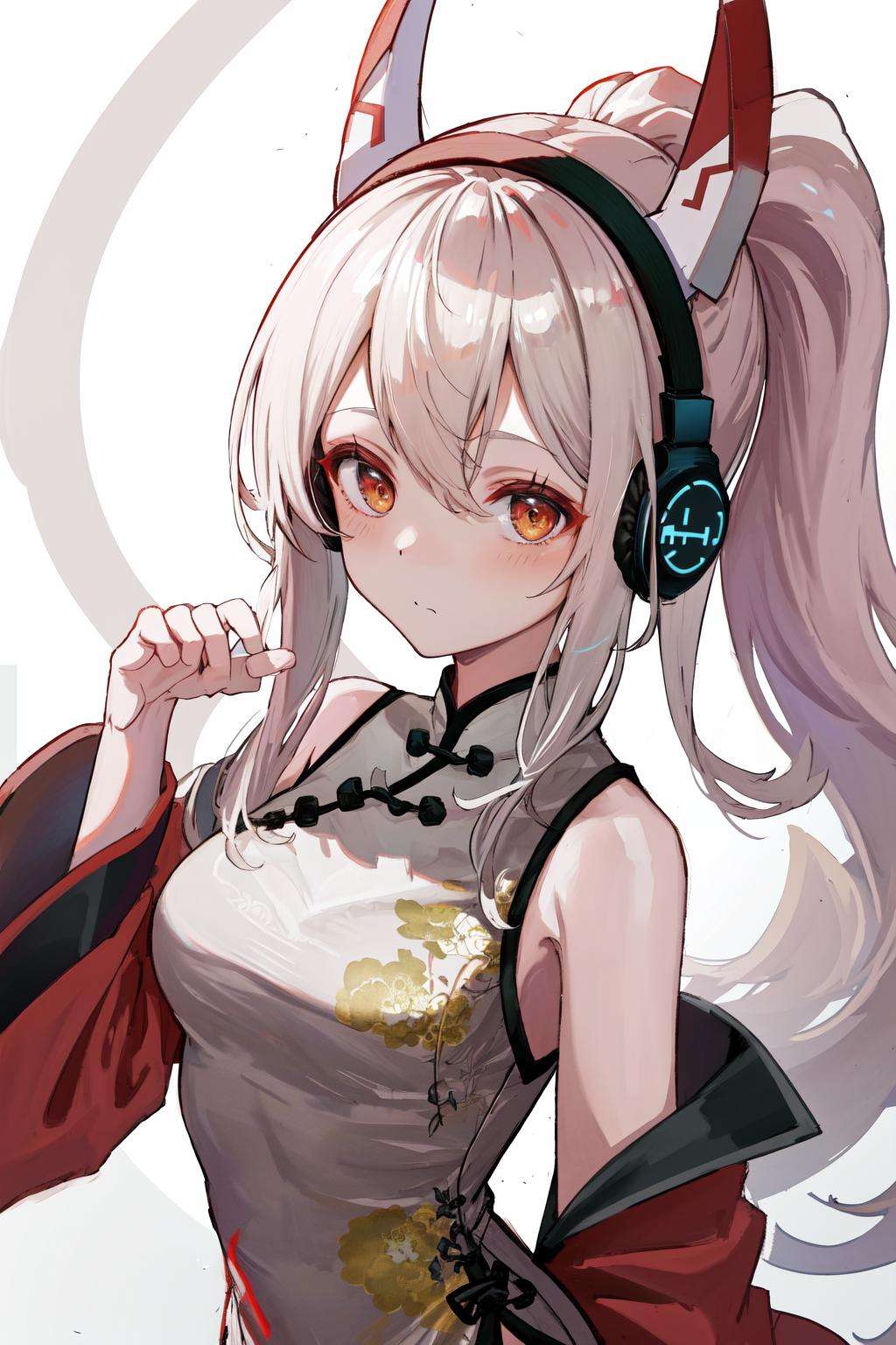 masterpiece, best quality, highres, 1girl ponytail headgear headphones <lora:ayanami_niconico_no_outfit:1> china dress