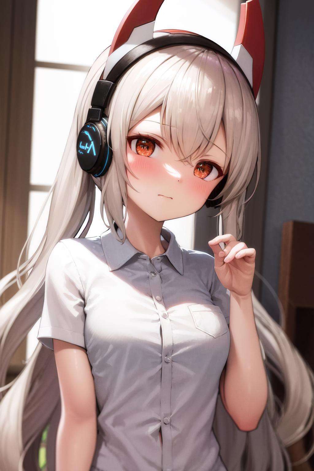 masterpiece, best quality, highres, 1girl ponytail headgear headphones <lora:ayanami_niconico_no_outfit:1> white shirt