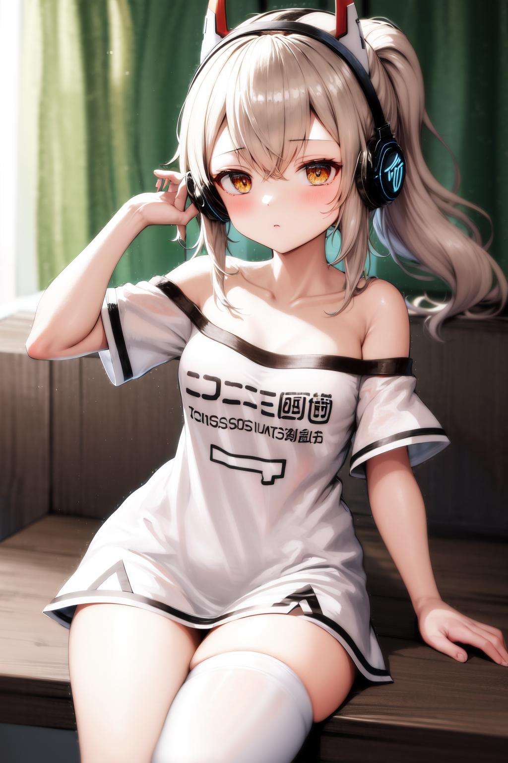 masterpiece, best quality, highres, 1girl ponytail headgear headphones, short sleeves bare shoulders white shirt white thighhighs <lora:ayanami_niconico:1>