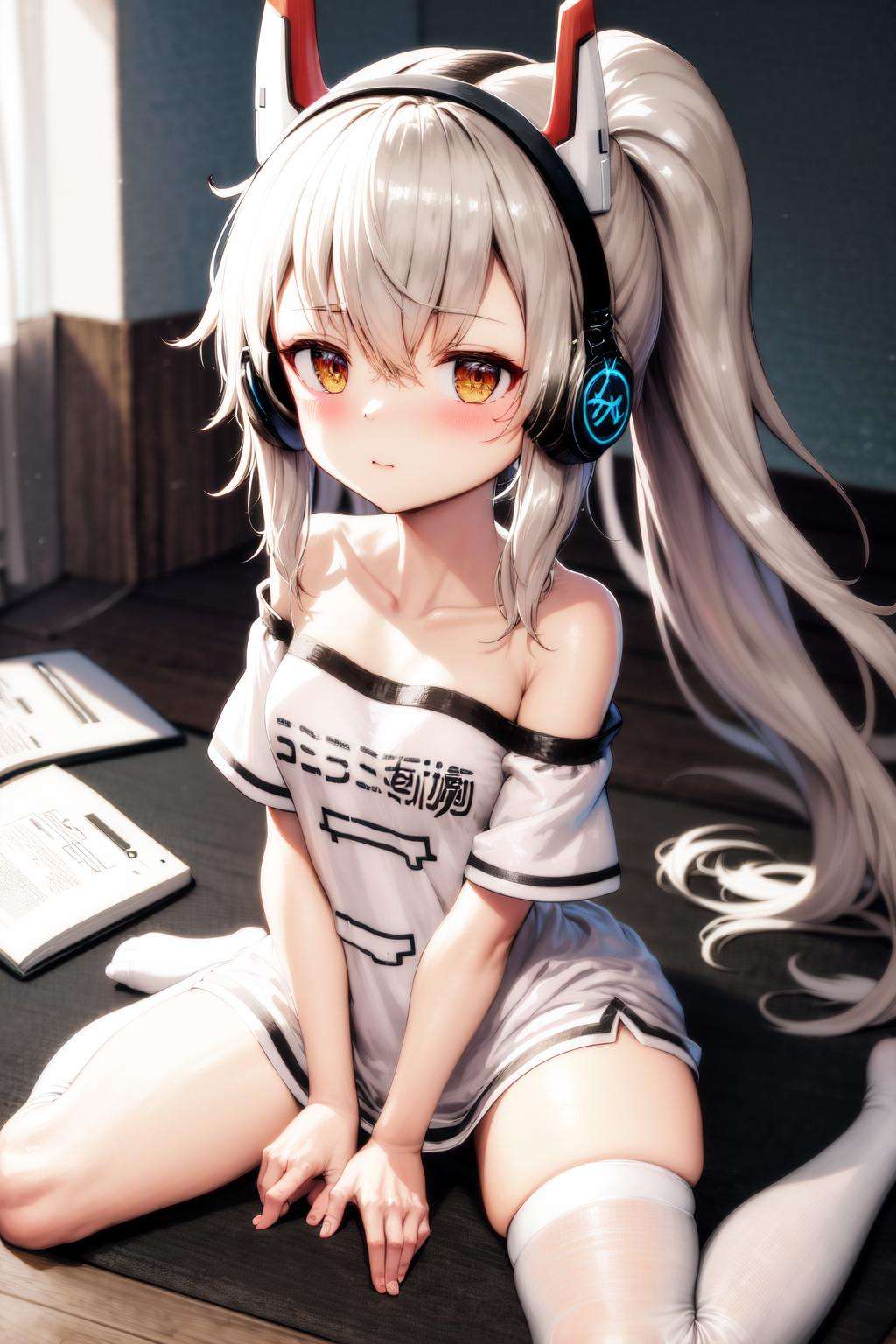 masterpiece, best quality, highres, 1girl ponytail headgear headphones, short sleeves bare shoulders white shirt white thighhighs <lora:ayanami_niconico:1> sitting, wariza