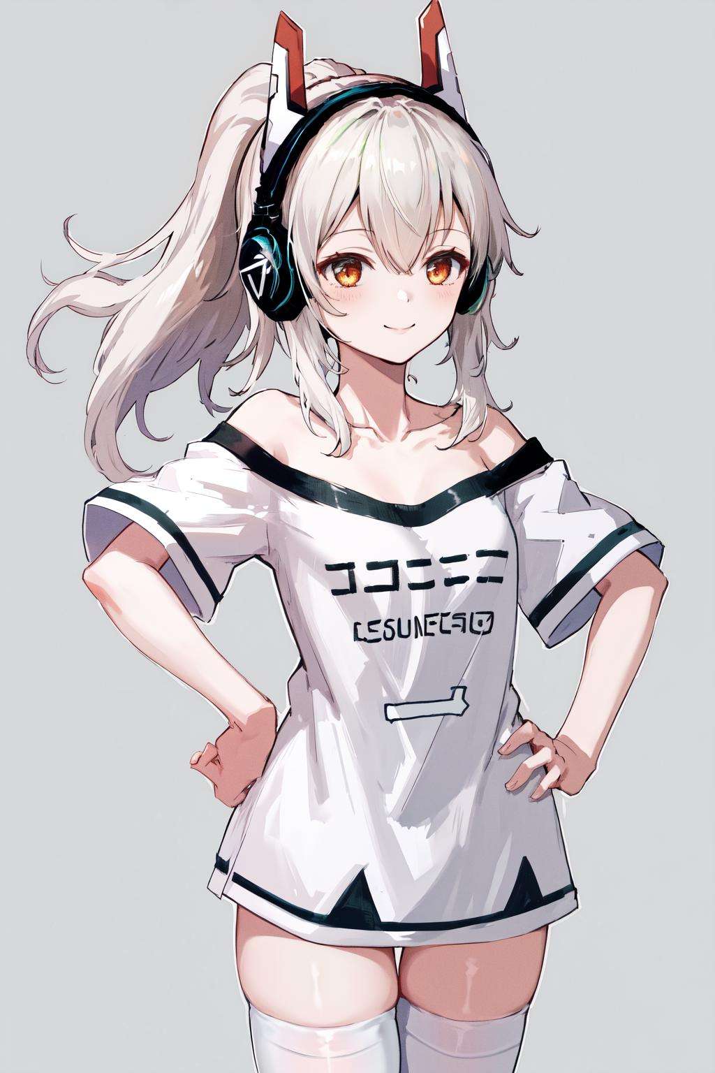 masterpiece, best quality, highres, 1girl ponytail headgear headphones, short sleeves bare shoulders white shirt white thighhighs <lora:ayanami_niconico:1> hand on hip, simple background, smile