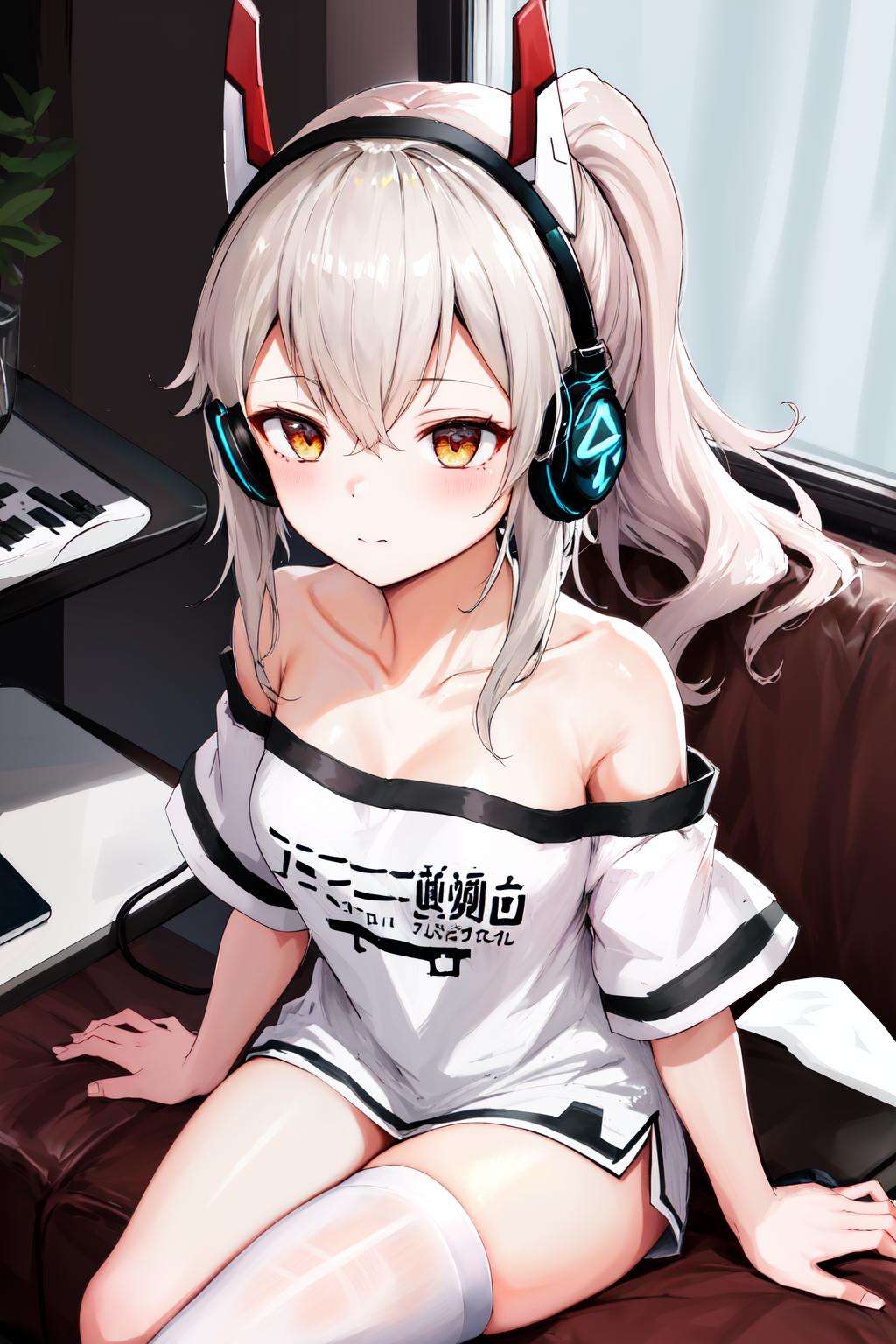 masterpiece, best quality, highres, 1girl ponytail headgear headphones, short sleeves bare shoulders white shirt white thighhighs <lora:ayanami_niconico:1> sitting