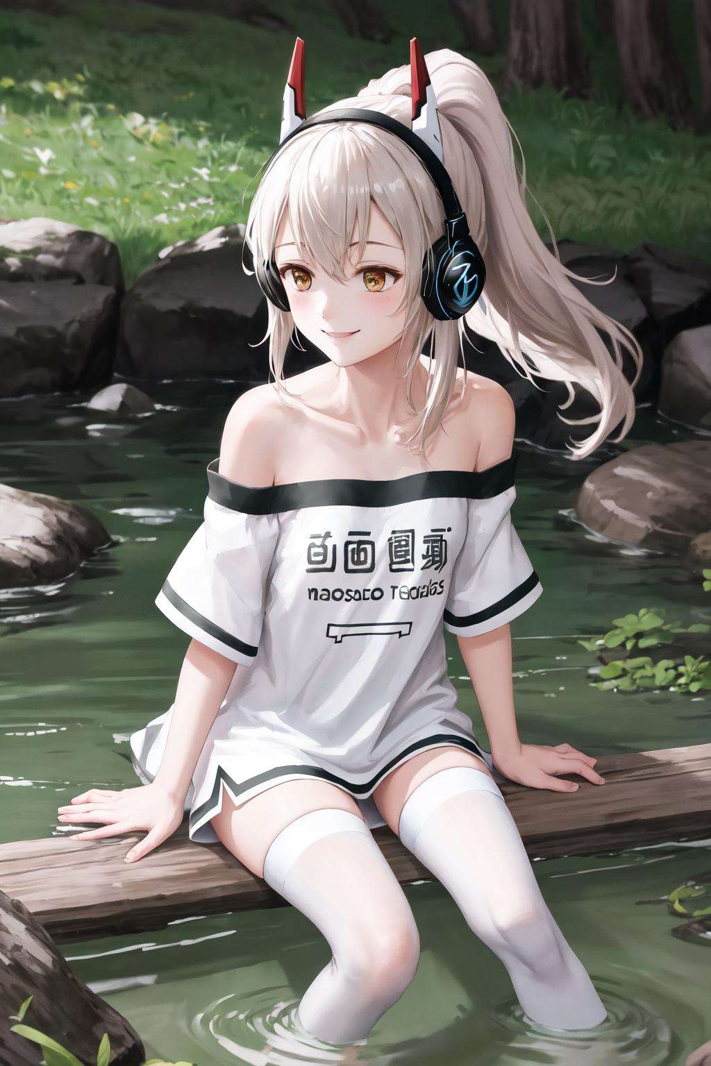 masterpiece, best quality, highres, 1girl ponytail headgear headphones, short sleeves bare shoulders white shirt white thighhighs <lora:ayanami_niconico:1> sitting, wading, smile