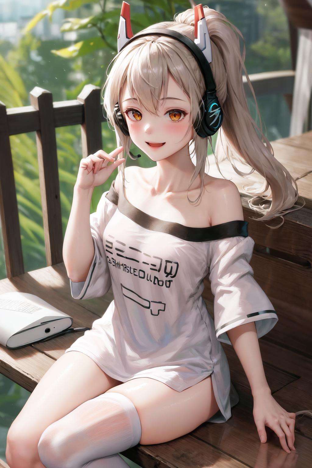 masterpiece, best quality, highres, 1girl ponytail headgear headphones, short sleeves bare shoulders white shirt white thighhighs <lora:ayanami_niconico:1> smile