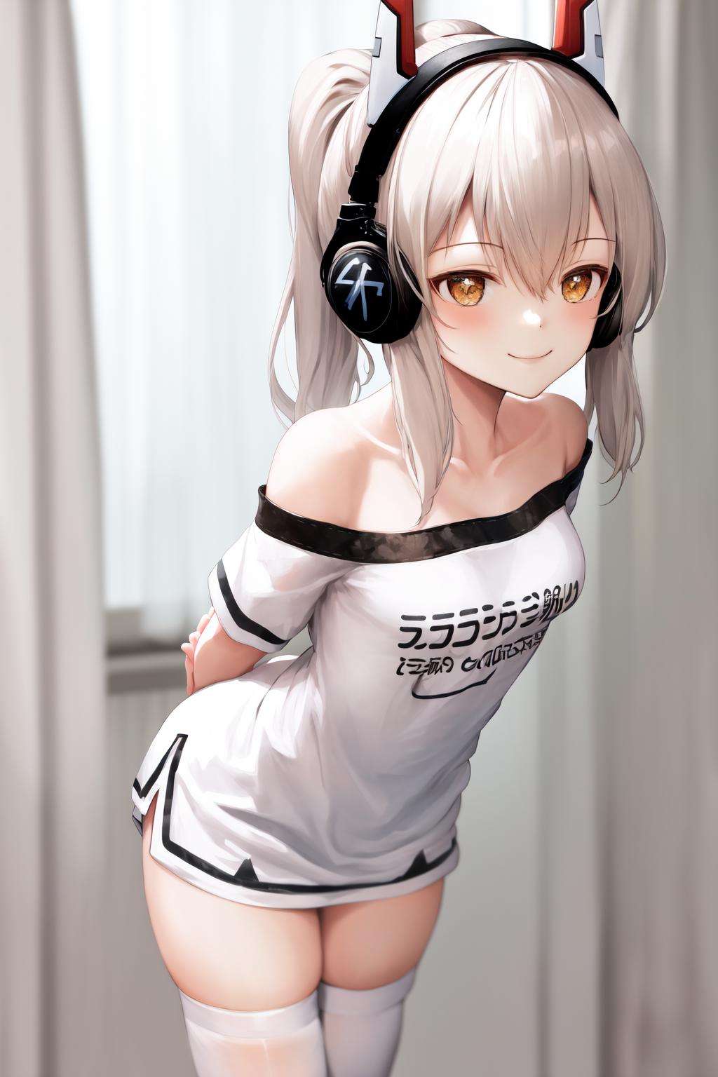 masterpiece, best quality, highres, 1girl ponytail headgear headphones, short sleeves bare shoulders white shirt white thighhighs <lora:ayanami_niconico:1> arms behind back, leaning forward, smile