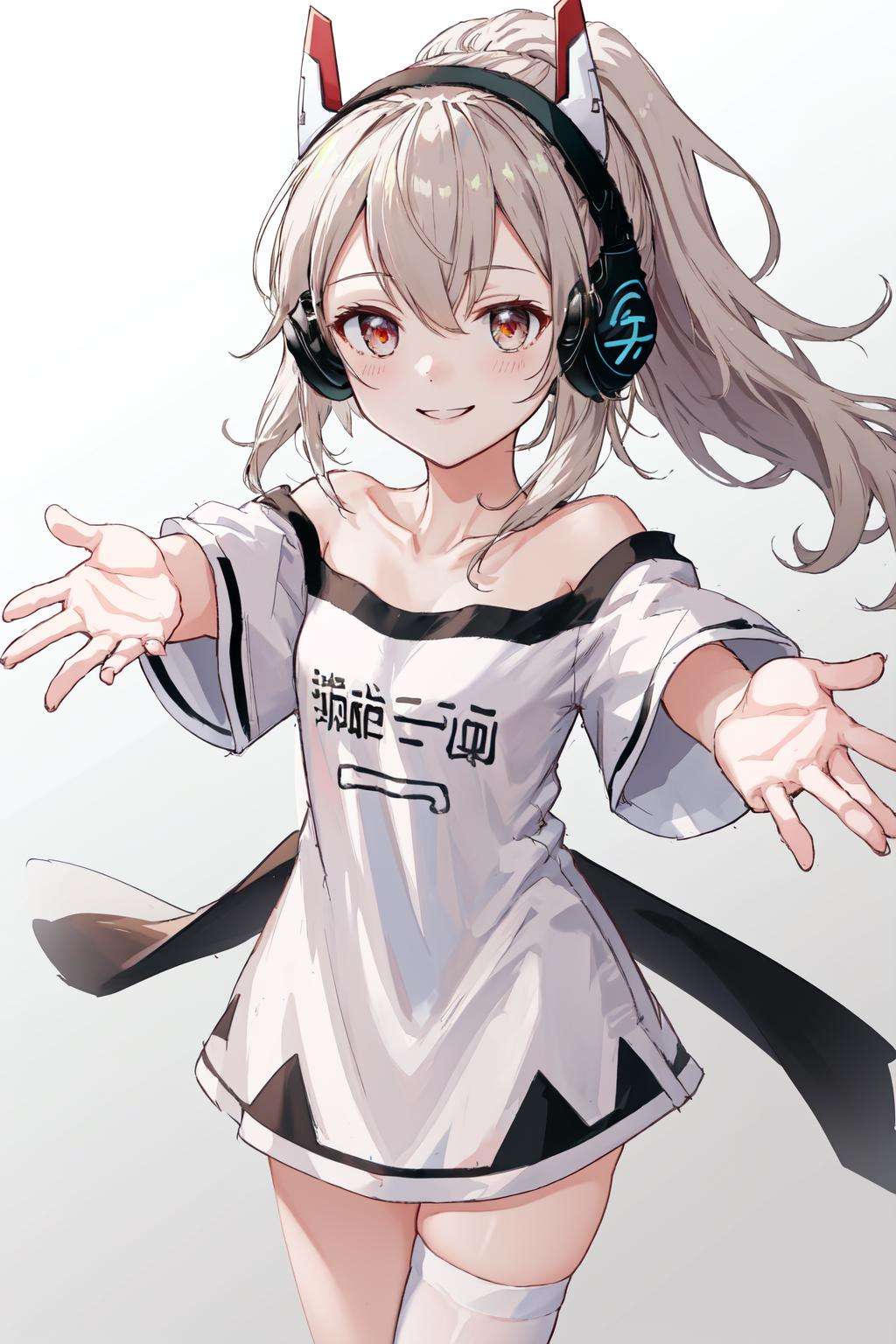 masterpiece, best quality, highres, 1girl ponytail headgear headphones, short sleeves bare shoulders white shirt white thighhighs <lora:ayanami_niconico:1> outstretched arms, reaching out, smile