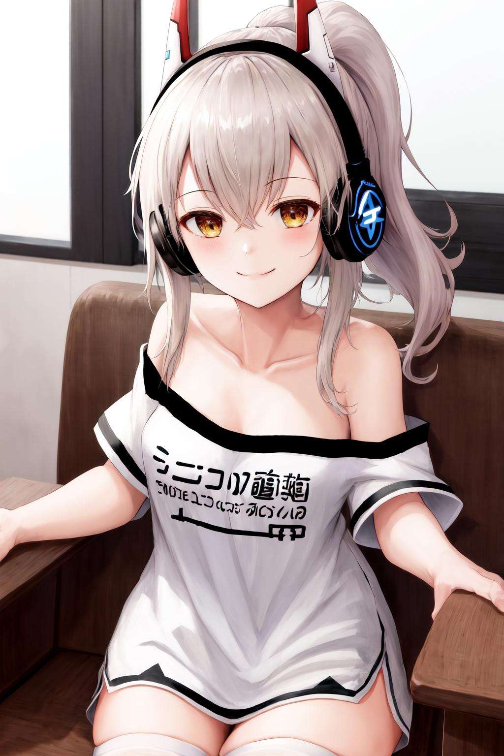 masterpiece, best quality, highres, 1girl ponytail headgear headphones, short sleeves bare shoulders white shirt white thighhighs <lora:ayanami_niconico:1> sitting, smile