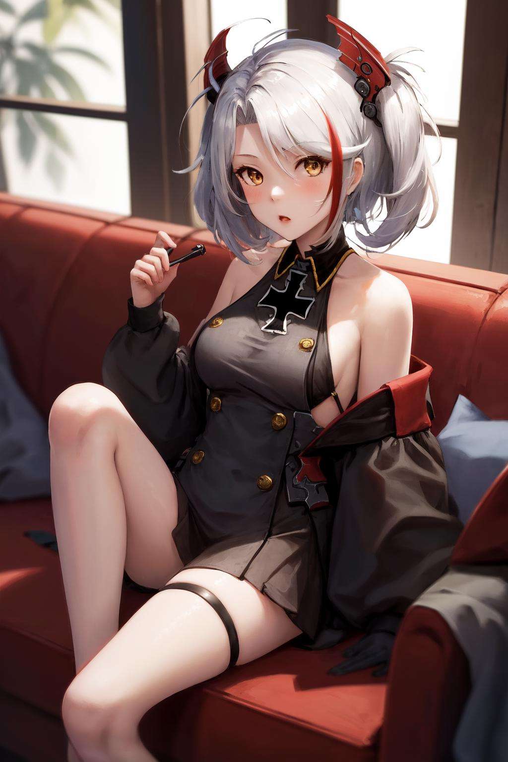 masterpiece, best quality, highres, 1girl little prinz eugen \(azur lane\) streaked hair short hair, bare shoulders iron cross black dress white skirt <lora:prinz_eugen:1> sitting indoors