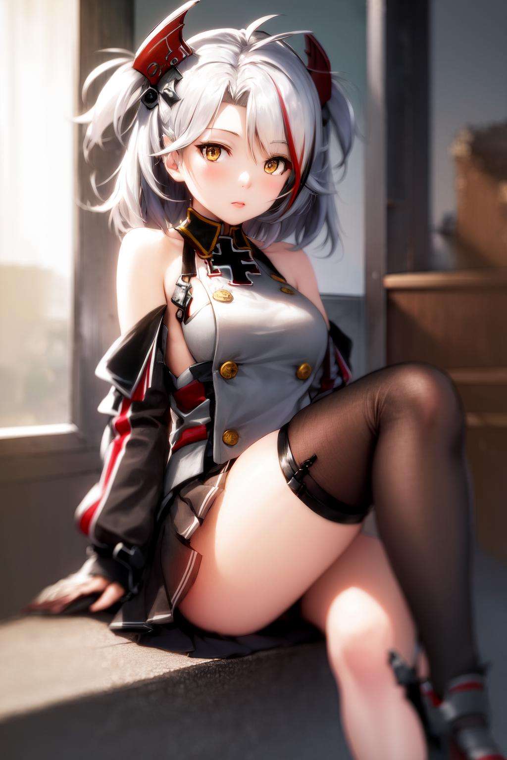 masterpiece, best quality, highres, 1girl little prinz eugen \(azur lane\) streaked hair short hair, bare shoulders iron cross skirt <lora:prinz_eugen:1> (photorealistic:1.4)