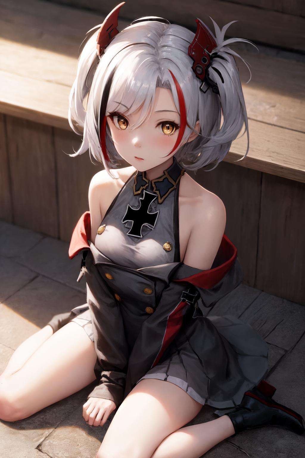 masterpiece, best quality, highres, 1girl little prinz eugen \(azur lane\) streaked hair short hair, bare shoulders iron cross black dress white skirt <lora:prinz_eugen:1> sitting on ground, wariza