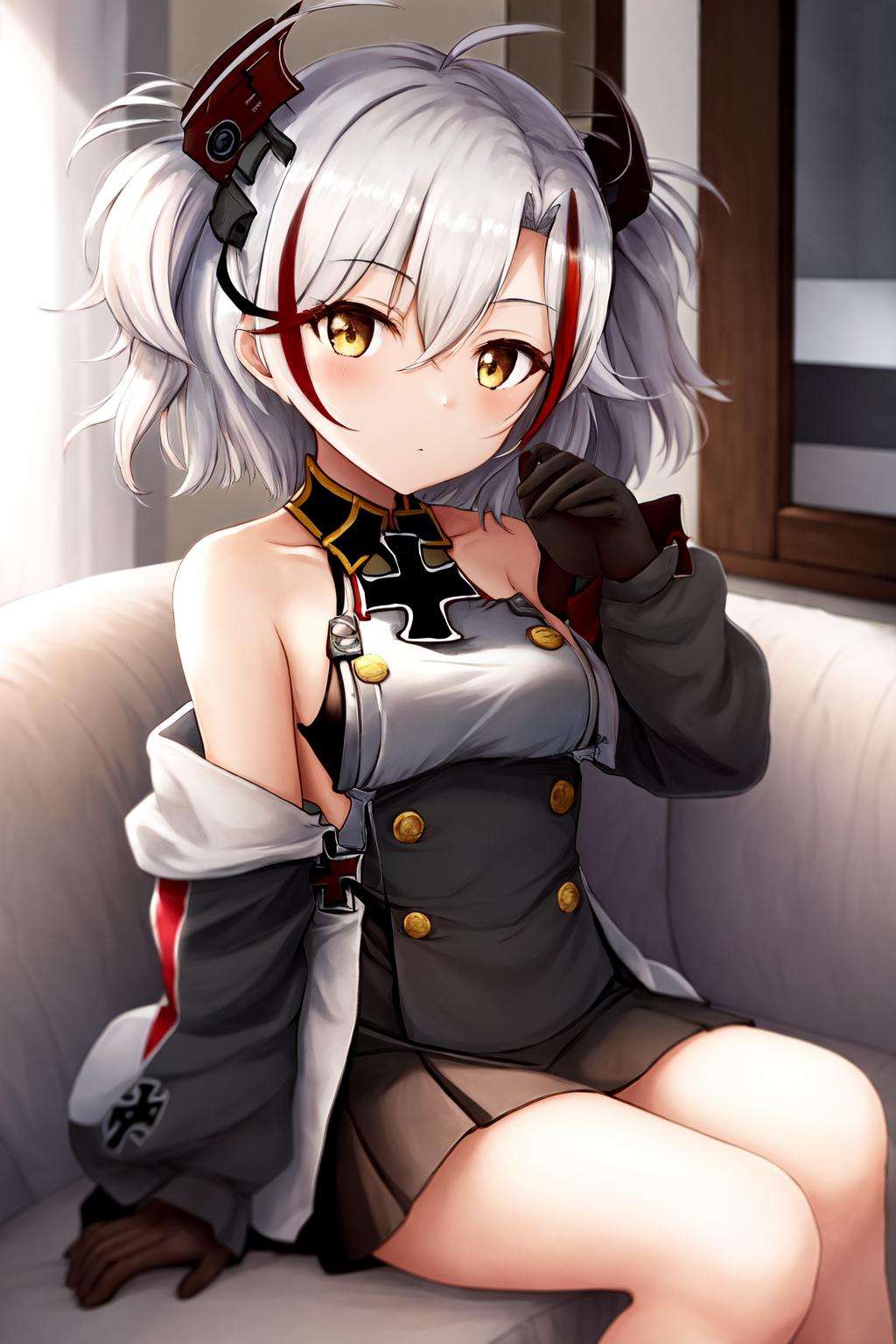 masterpiece, best quality, highres, 1girl little prinz eugen \(azur lane\) streaked hair short hair, bare shoulders iron cross black dress white skirt <lora:prinz_eugen:1> sitting indoors